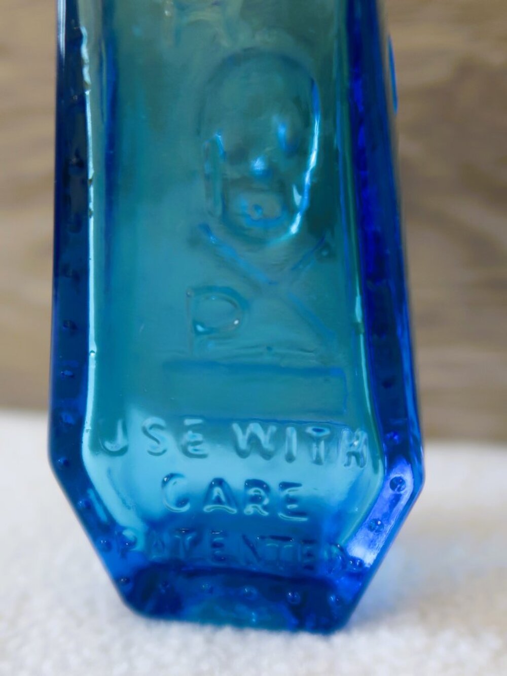 Vintage Cobalt Blue Embossed Glass Bottle "Use With Care" Patented Portrait 3in - Picture 6 of 11